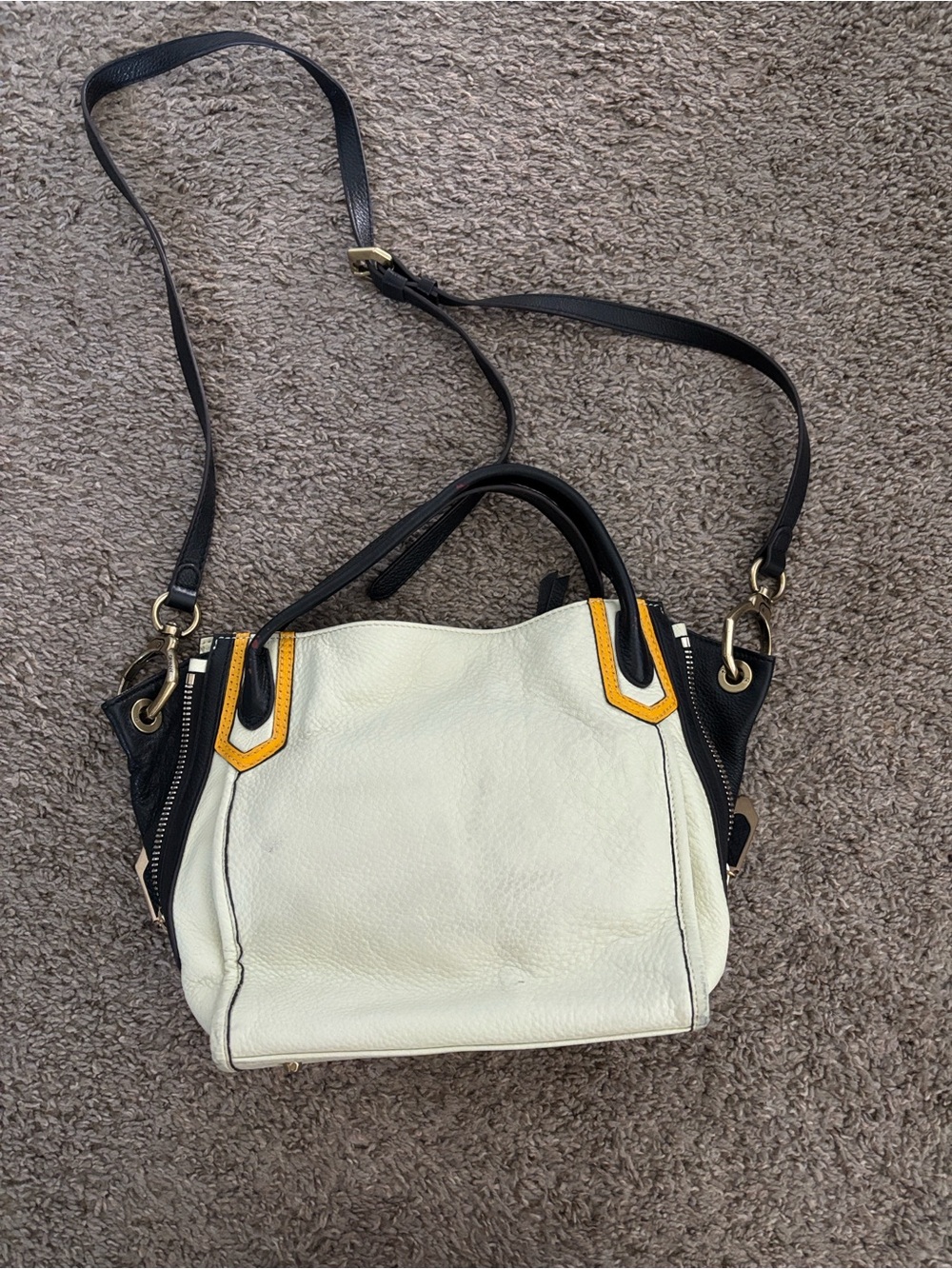 Oryani Leather Crossbody Satchel Bag in Cream and Black with Yellow Accents - Picture 2 of 5